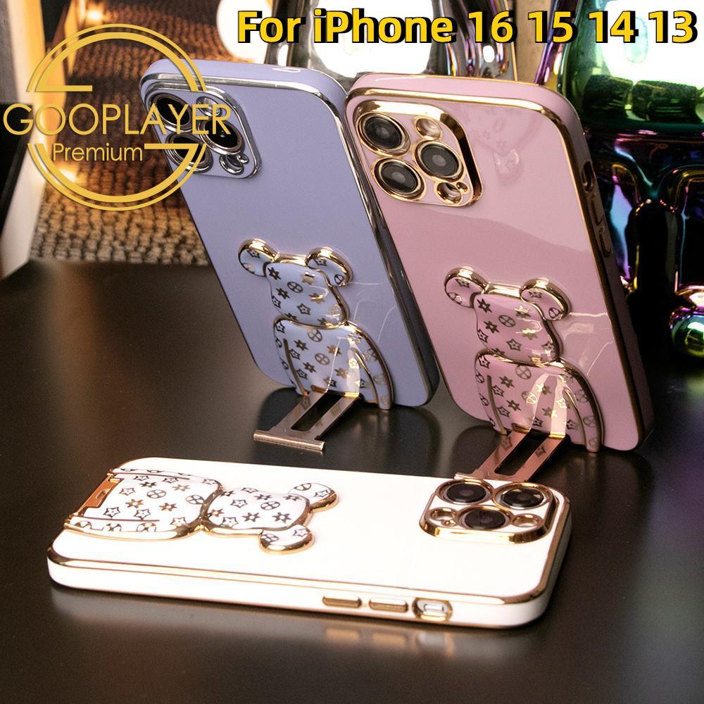 For iPhone 16 15 14 13 Pro Max Phone Case, Flower Bear Kickstand, Plating Electroplate Luxury Elegant Case Camera Protector Pop Stand Shockproof Soft Cover