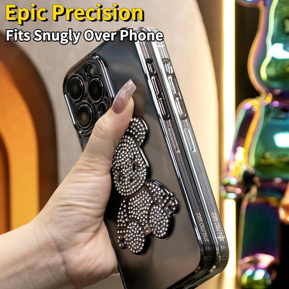 For iPhone 16 15 14 13 12 Pro Max Case, Rhinestone Bear, Glitter Clear Plating Electroplate Luxury Elegant Case Slim Fit Shockproof Soft Cover