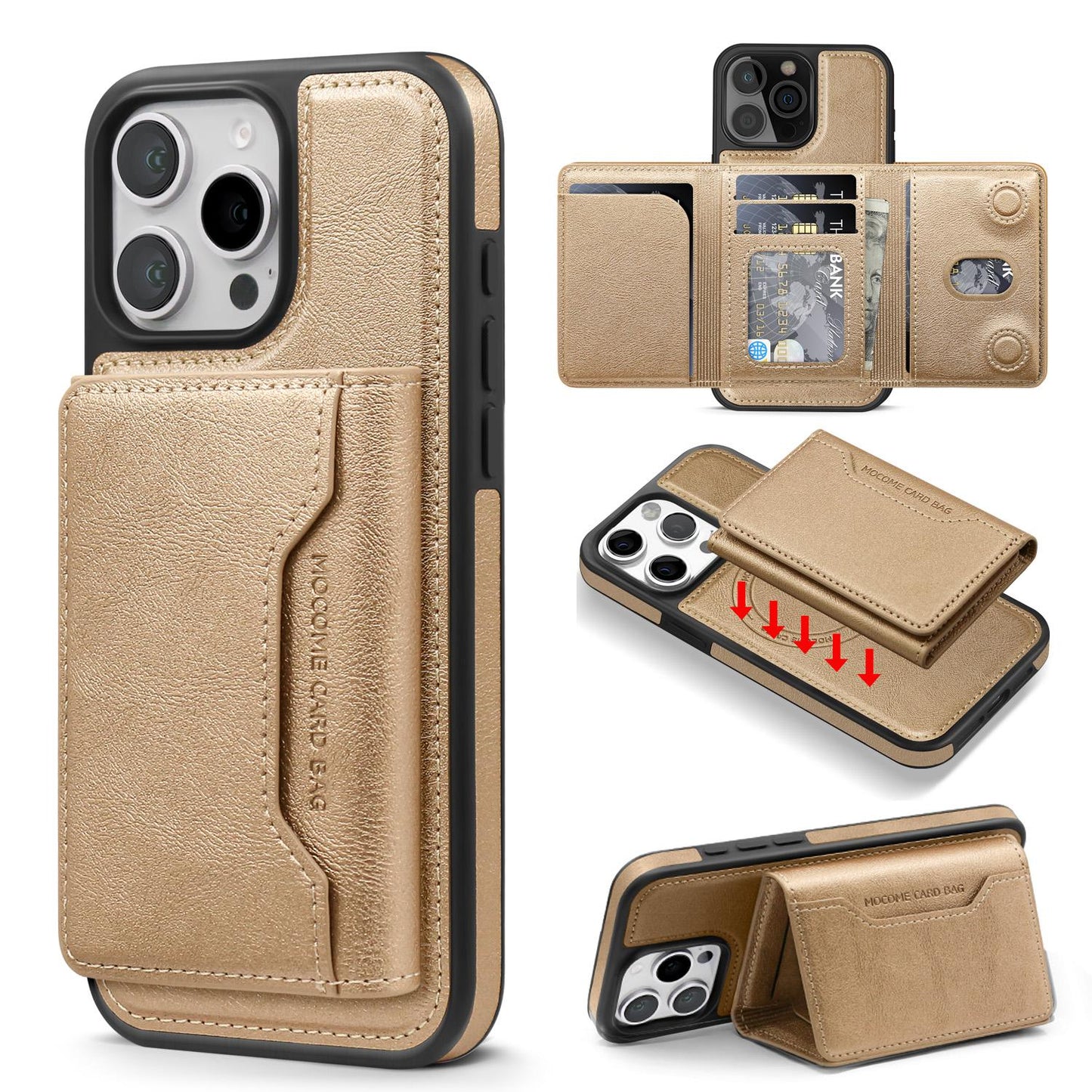 For iPhone 16ProMax 16 15 14 13 Phone Case with Strong Magnetic Wallet, Luxury Leather Anti-Fall Card Bag Kickstand for Magsafe Shockproof Business Hard Full Cover