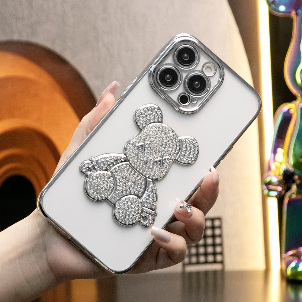 For iPhone 16 15 14 13 12 Pro Max Case, Rhinestone Bear, Glitter Clear Plating Electroplate Luxury Elegant Case Slim Fit Shockproof Soft Cover