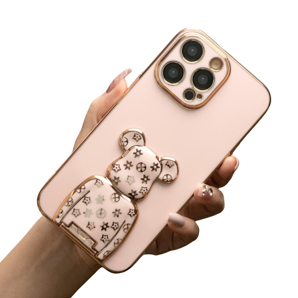 For iPhone 16 15 14 13 Pro Max Phone Case, Flower Bear Kickstand, Plating Electroplate Luxury Elegant Case Camera Protector Pop Stand Shockproof Soft Cover