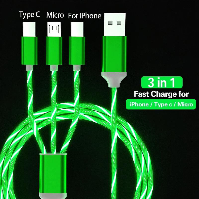 Glowing LED Light 3 in 1 3A Fast Charging Micro USB Type C Cable For Samsung Xiaomi Redmi Huawei Honor Phone Charger USB Cable