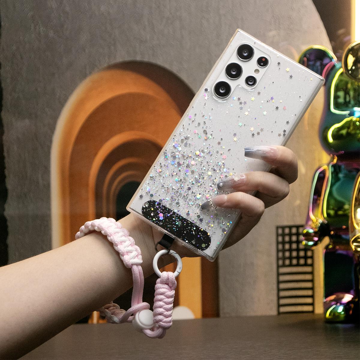 Glitter Star Sequin Basic Phone Case With Adjustable Wristband For Samsung Galaxy S24 S23 S22 S21 S20 FE Note 20 Ultra Clear Soft TPU Back Cover