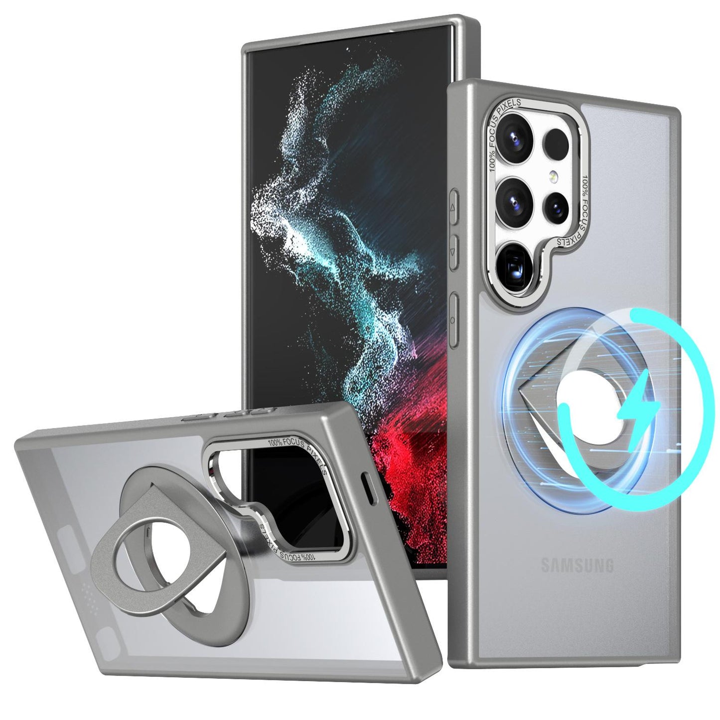 For Samsung S24Ultra S23 S22 Plus Ultra Phone Case with Ring Kickstand, Transparent Matte Acrylic Magnetic Metal Camera Frame Hard Full Cover