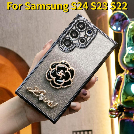 For Samsung S24 S23 S22 Plus Ultra Case, Clear Rhinestone Flower Gradient, Glitter Luxury Elegant Plating Case Camera Protection Shockproof Soft Cover