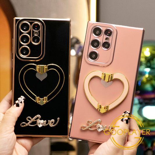 Luxury Love Heart Side Pattern Love Heart Holder Plating Phone Case For Samsung S24Ultra S24FE S24 S23 S22 S21Ultra FE Plus Ultra A55 A35 A25 A15