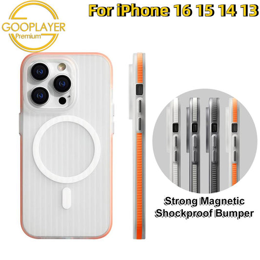 For iPhone 16 15 14 13 Pro Max Phone Case, Corrugated Transparent Matte Strong Magnetic Support Wireless Charging PC Armor Bumper Shockproof Hard Full Cover