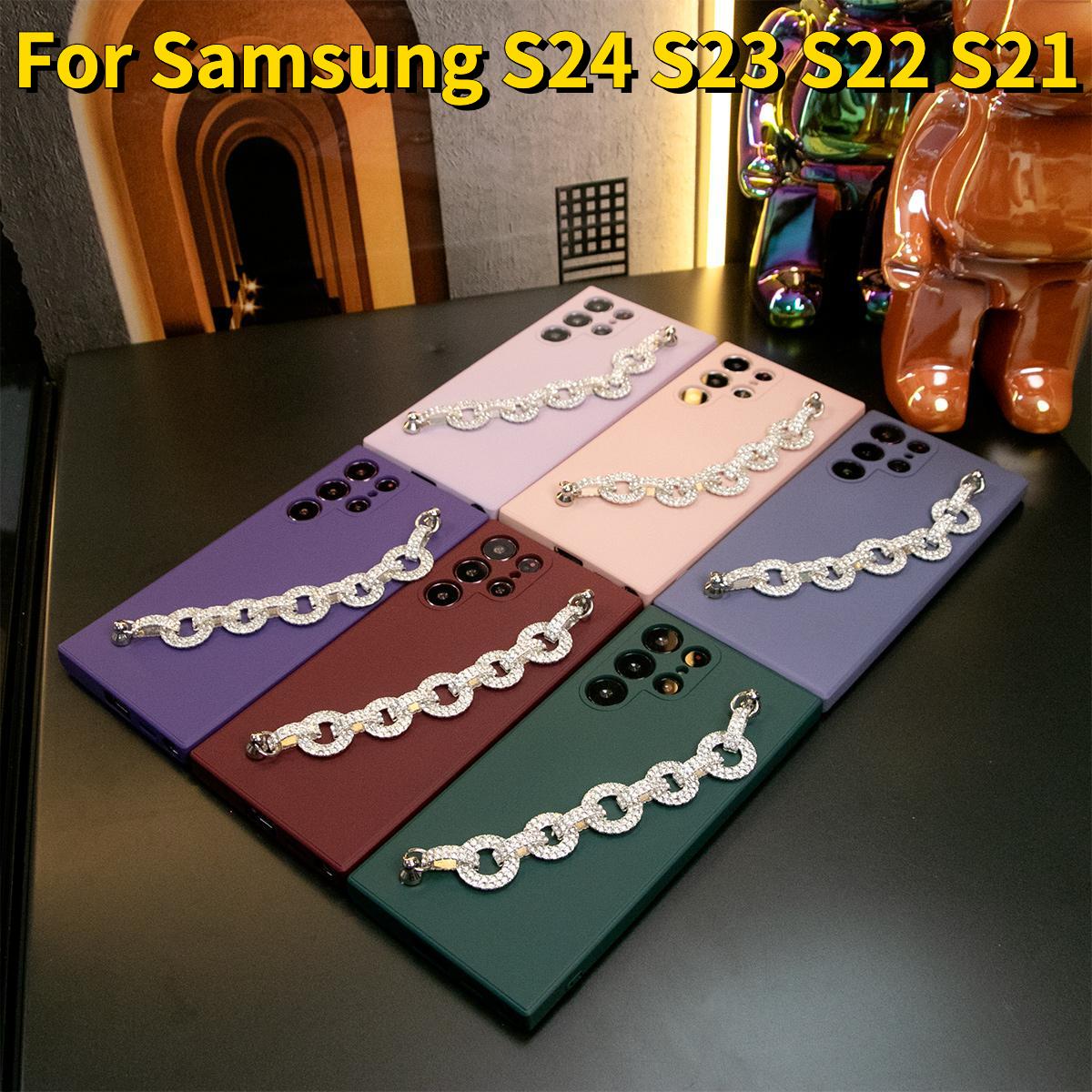 Silicone Matte Phone Case With Diamond Chain For Samsung S24 S23 S22 S21 Ultra Plus S24Plus S24Ultra Camera Protect Soft Cover S23 FE