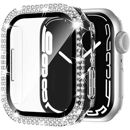 Glass+Diamond Cover For Apple watch case 40mm 44mm 41mm 45mm 38mm 42mm Bling Bumper Protector iWatch series 9 3 5 6 7 8 se case