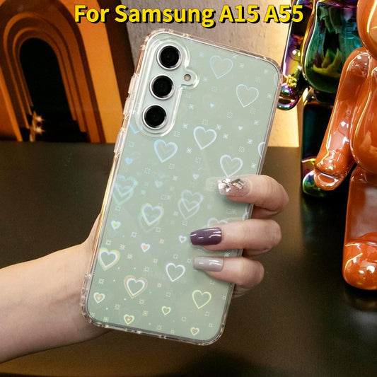 For Samsung A14 A15 A24 A25 A34 A35 A52 A53 A54 A55 Case, Clear Laser Love Heart, Glitter Luxury Elegant Case Camera Protection Shockproof Hard Cover