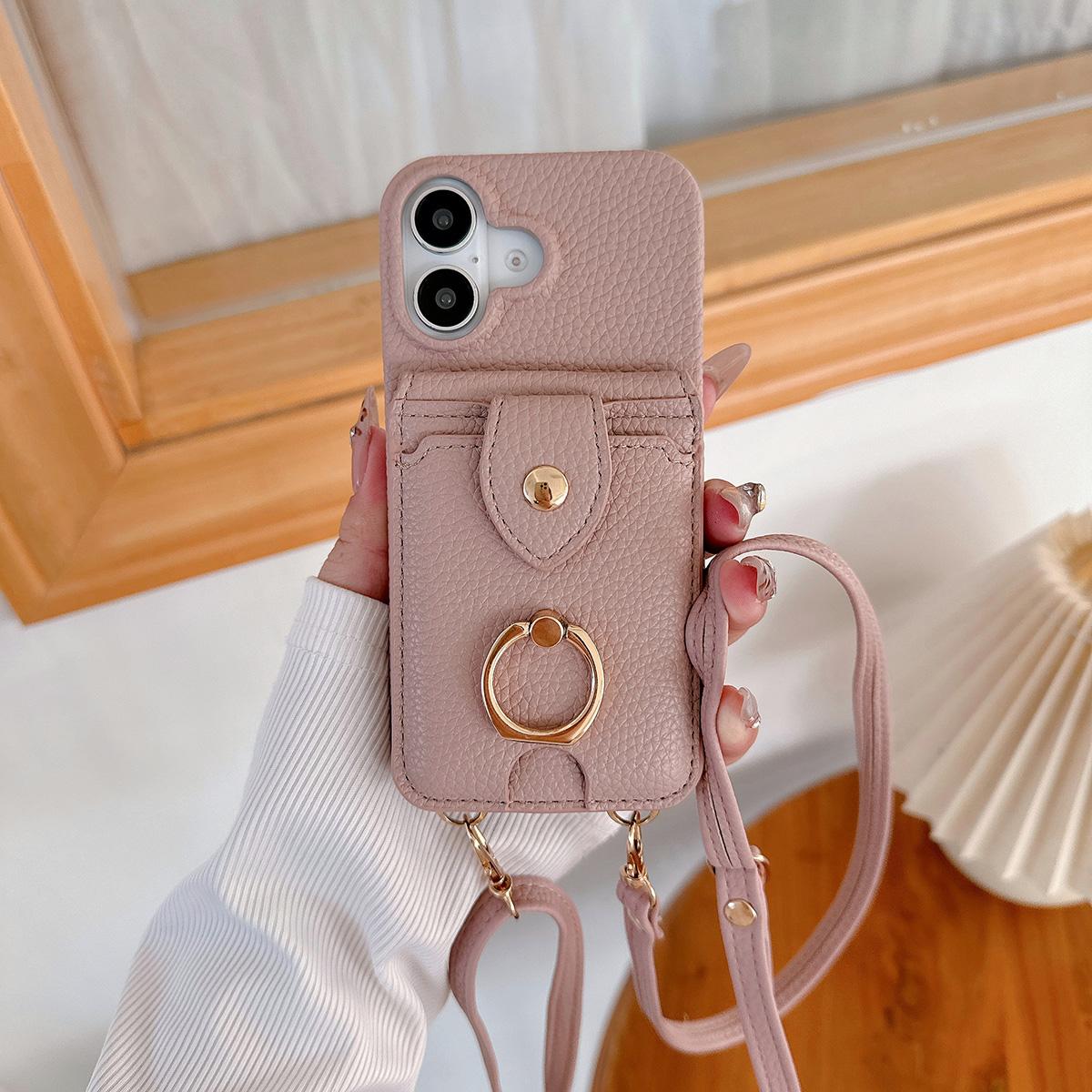 Crossbody Ring Stand Phone Case for iPhone 16 Pro Max 15 14 Plus Makeup Mirror Wallet Lanyard Card Slot Holder Leather Cover