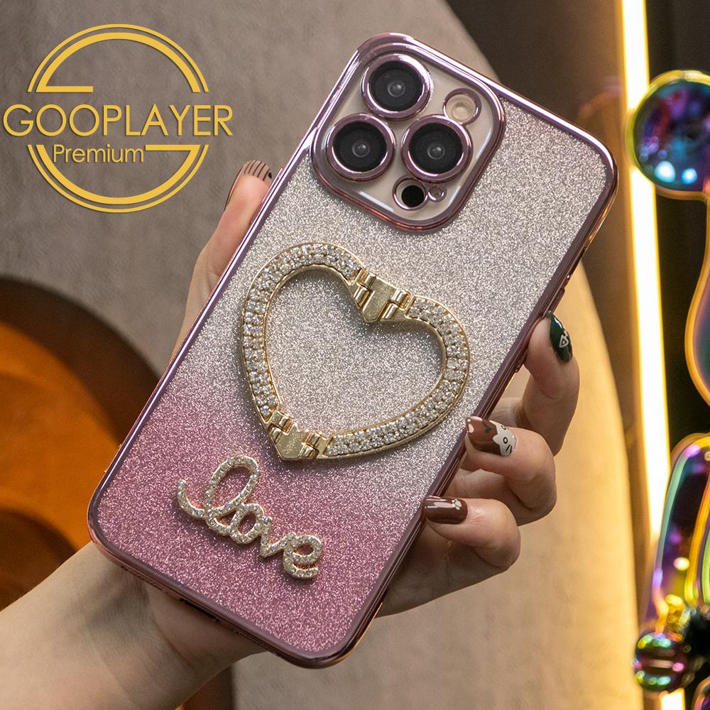 For iPhone 16 15 14 13 Pro Max Phone Case, Clear Gradient Glitter Love Heart Kickstand TPU Luxury Plating Slim Soft Full Cover