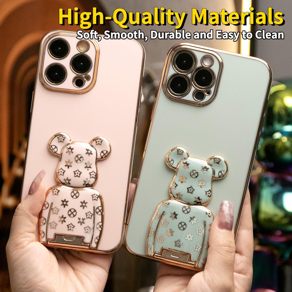 For iPhone 16 15 14 13 Pro Max Phone Case, Flower Bear Kickstand, Plating Electroplate Luxury Elegant Case Camera Protector Pop Stand Shockproof Soft Cover