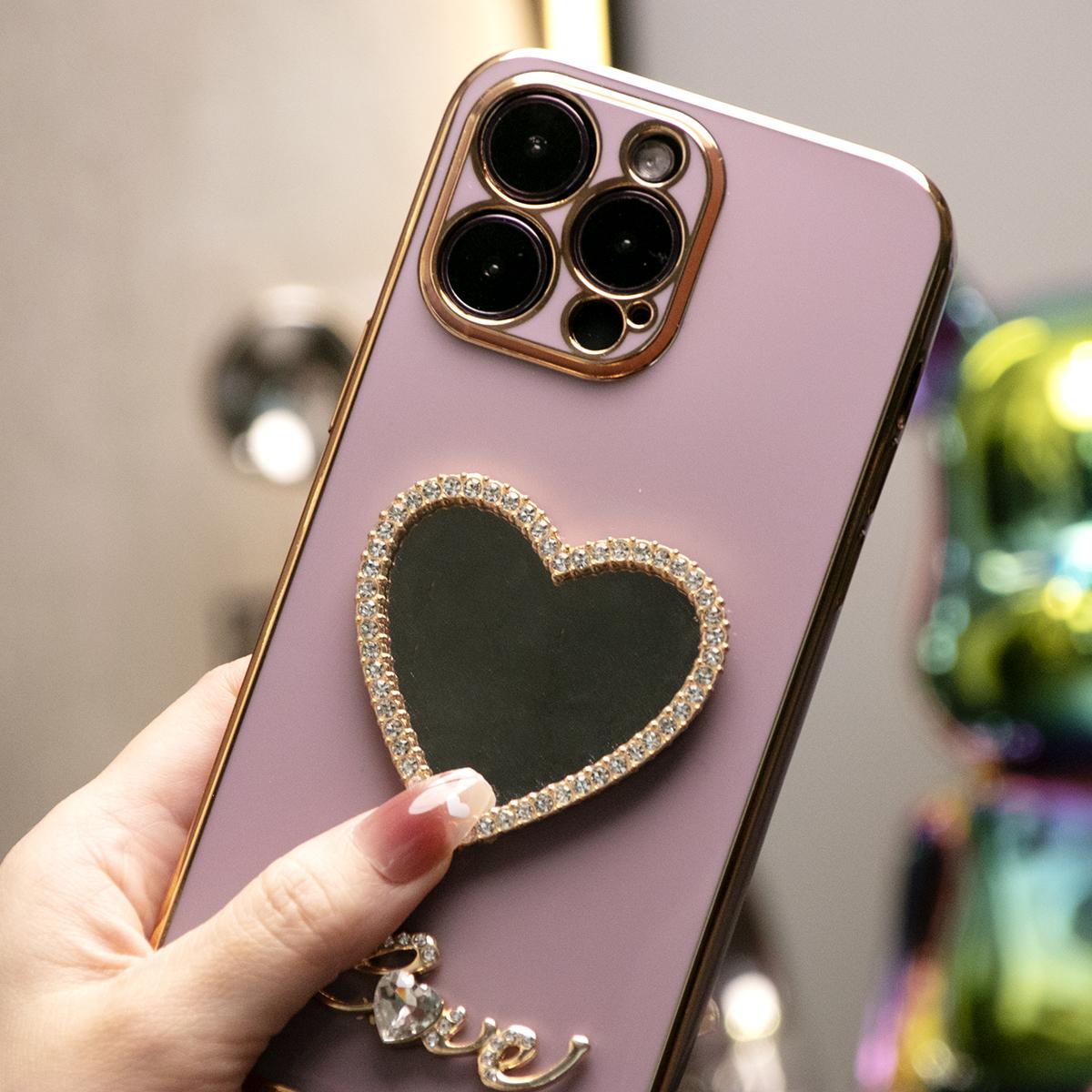 For iPhone 16 15 14 13 Pro Max Phone Case, Love Heart Mirror TPU Luxury Plating Slim Soft Full Cover