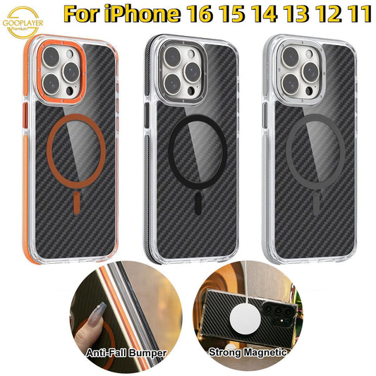 For iPhone 16 15 14 13 12 11 Pro Max Phone Case, Premium Strong Magnetic Carbon Fiber Metal Camera Frame Acrylic Clear Shockproof Anti-Fall Bumper for Magsafe Non-Yellowing Hard Full Cover