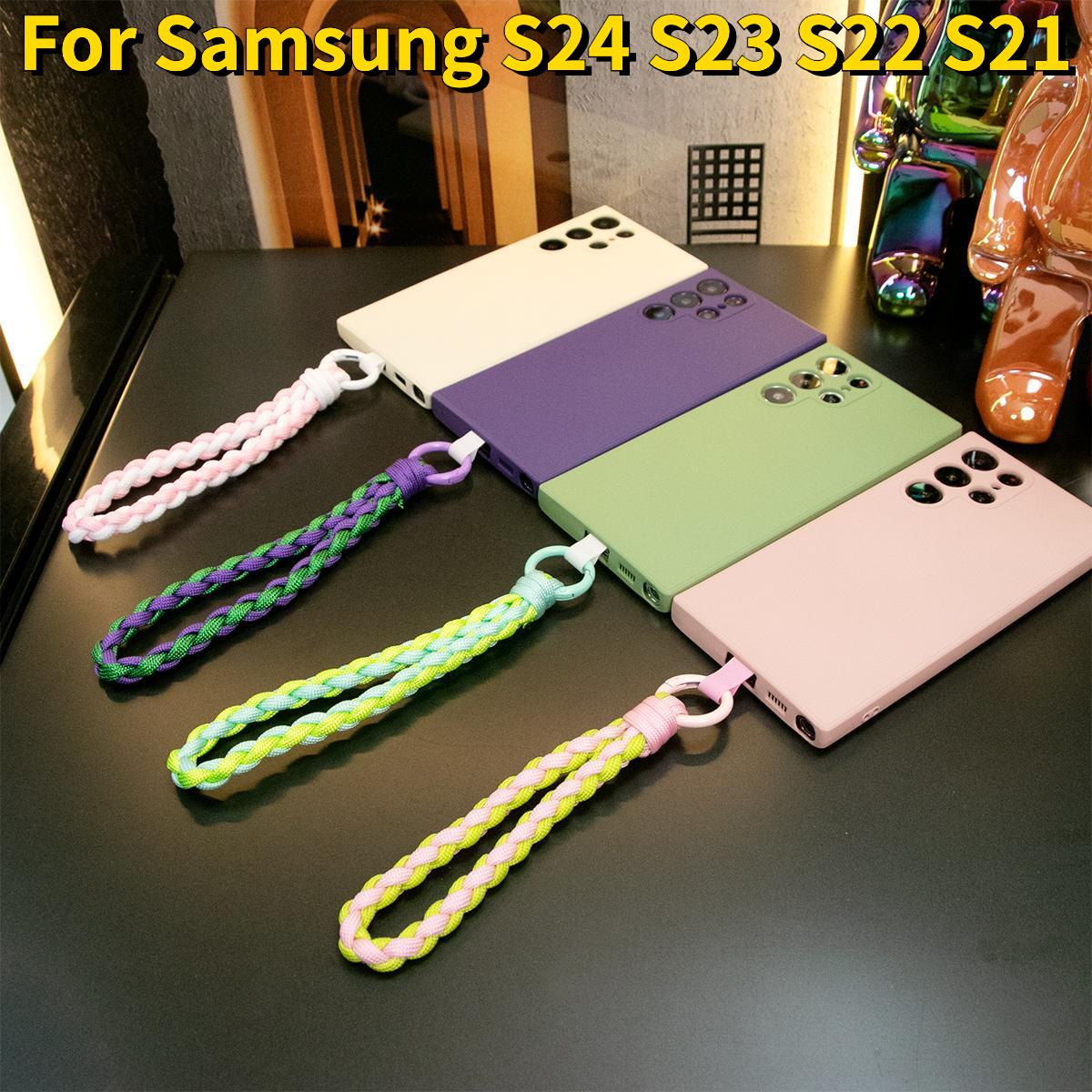 Silicone Matte Phone Case with Braided Rope Bracelet For Samsung S24Ultra S24FE S24 S23 S22 S21 S23Ultra Plus Camera Protect Soft Cover