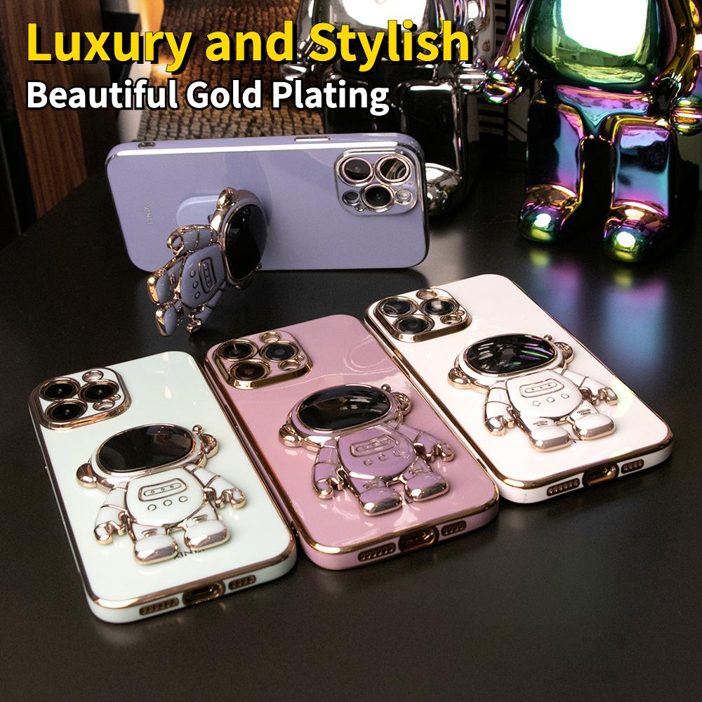 For iPhone 16 15 14 13 Pro Max Phone Case, Astronaut Kickstand, Plating Electroplate Luxury Elegant Case Camera Protector Pop Stand Shockproof Soft Cover