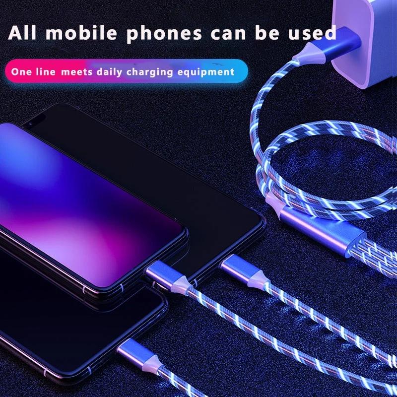 Glowing LED Light 3 in 1 3A Fast Charging Micro USB Type C Cable For Samsung Xiaomi Redmi Huawei Honor Phone Charger USB Cable