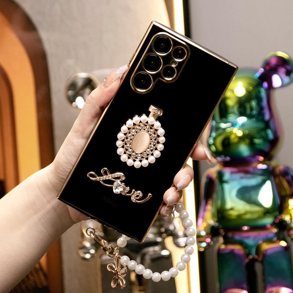 Round Stone Pearl Perfume Bottle Plus Pearl Chain Plating Phone Case For Samsung S24Ultra S24FE S24 S23 S22 S21 FE Plus Ultra Note 20