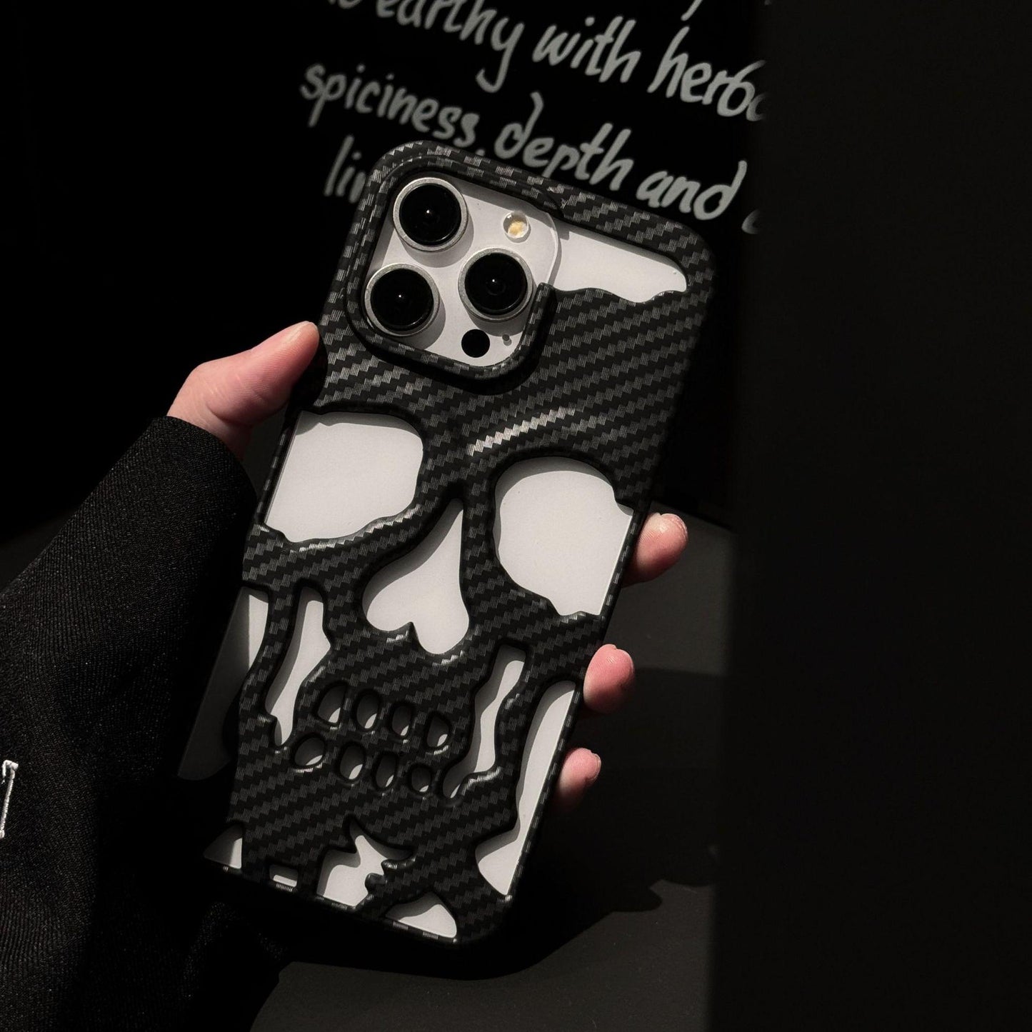 For iPhone 16 15 14 13 12 11 Pro Max Phone Case, Carbon fiber Pattern Skull Matte Hollow Heat Dissipation TPU Shockproof Case Cooling Soft Back Cover