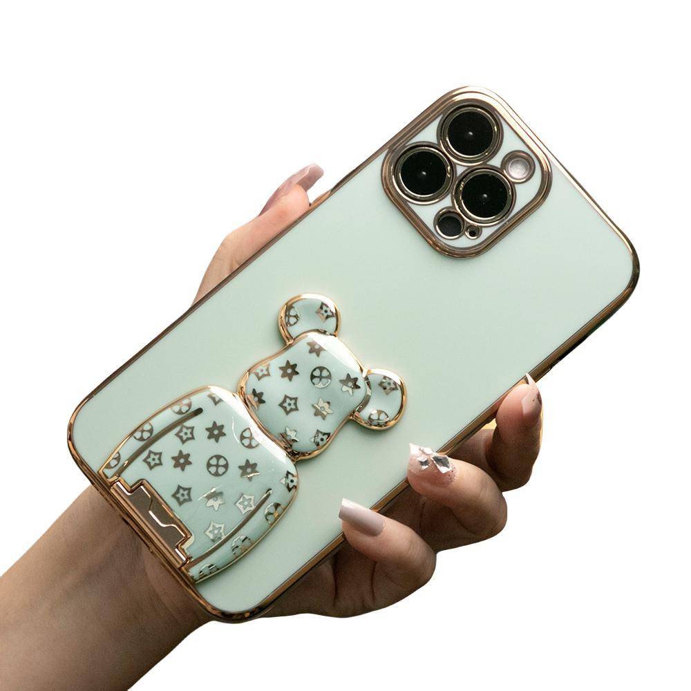 For iPhone 16 15 14 13 Pro Max Phone Case, Flower Bear Kickstand, Plating Electroplate Luxury Elegant Case Camera Protector Pop Stand Shockproof Soft Cover