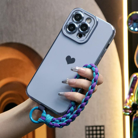 Luxury Love Heart Side Pattern Plating Phone Case with Woven Wristband For iPhone 16 15 14 13 12 Pro Max Back Cover