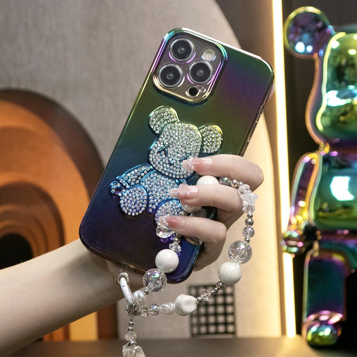 Luxury Rhinestone Bear Phone Case With Laser Bowknot Chain for iPhone 16 15 14 13 12 11 Plus Pro Max Fashion TPU Cover with Bling Stones