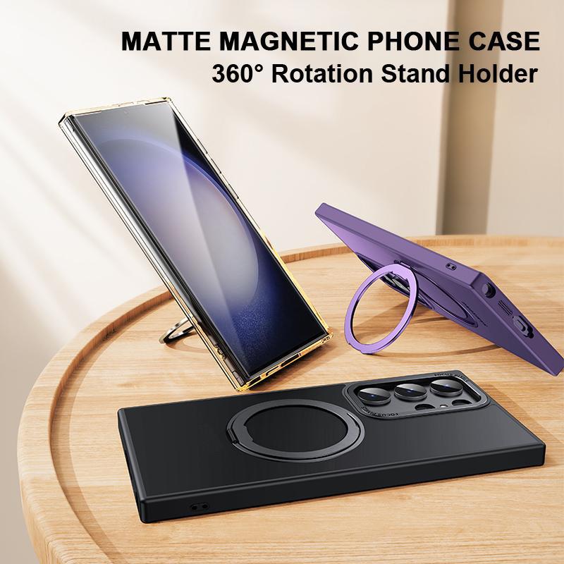 360 Degree Rotation Stand Holder Matte Magnetic Phone Case Wireless Charging For Samsung Galaxy S24 S24Plus S24Ultra S23 Ultra Plus S23Ultra 5G