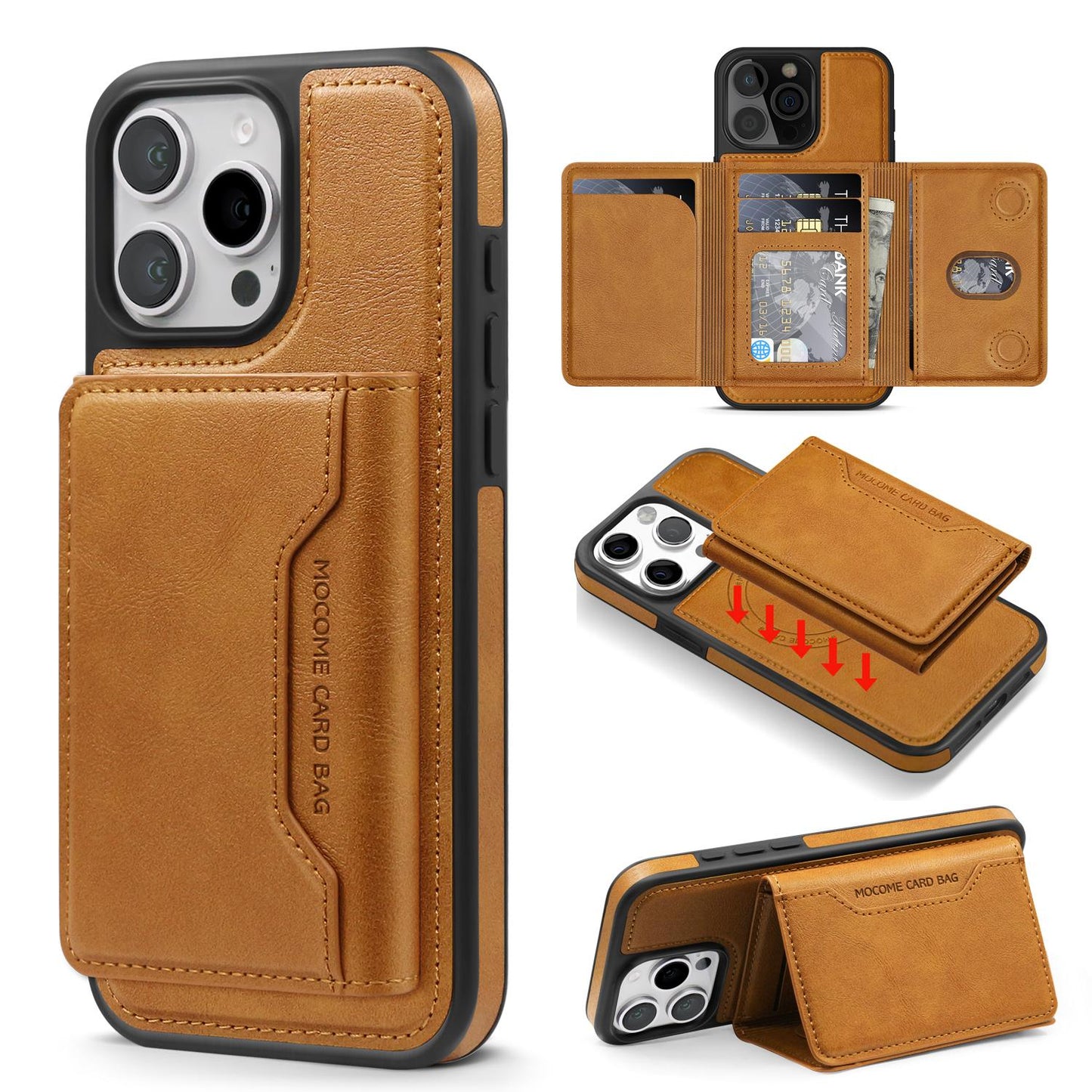 For iPhone 16ProMax 16 15 14 13 Phone Case with Strong Magnetic Wallet, Luxury Leather Anti-Fall Card Bag Kickstand for Magsafe Shockproof Business Hard Full Cover