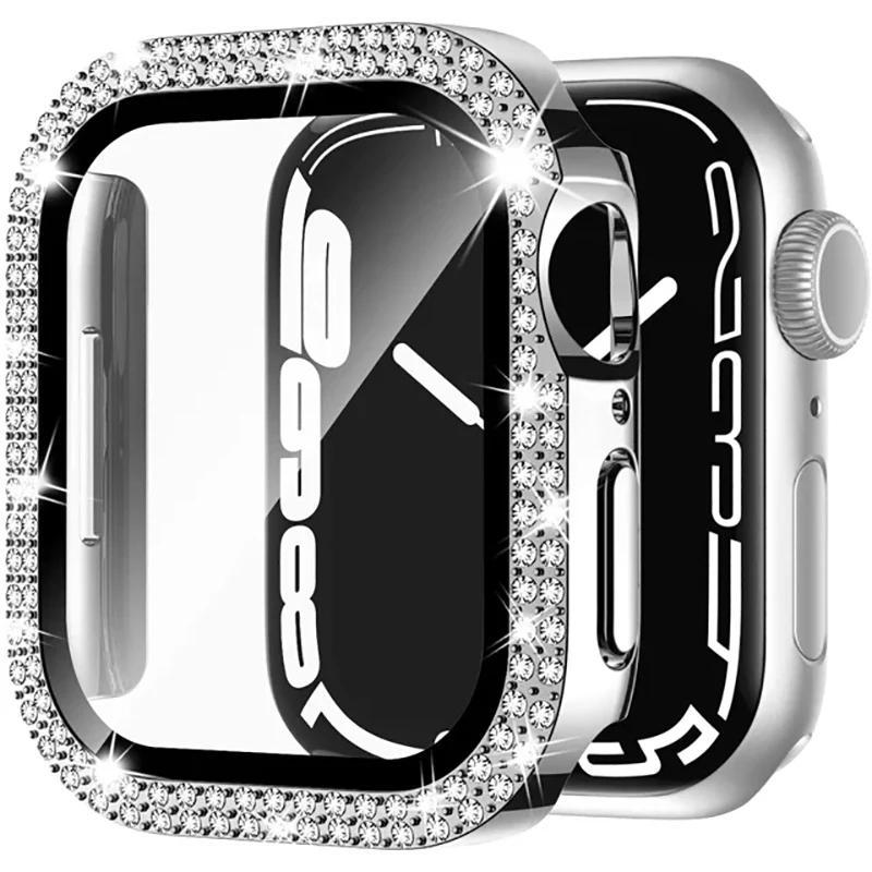 Glass+Diamond Cover For Apple watch case 40mm 44mm 41mm 45mm 38mm 42mm Bling Bumper Protector iWatch series 9 3 5 6 7 8 se case