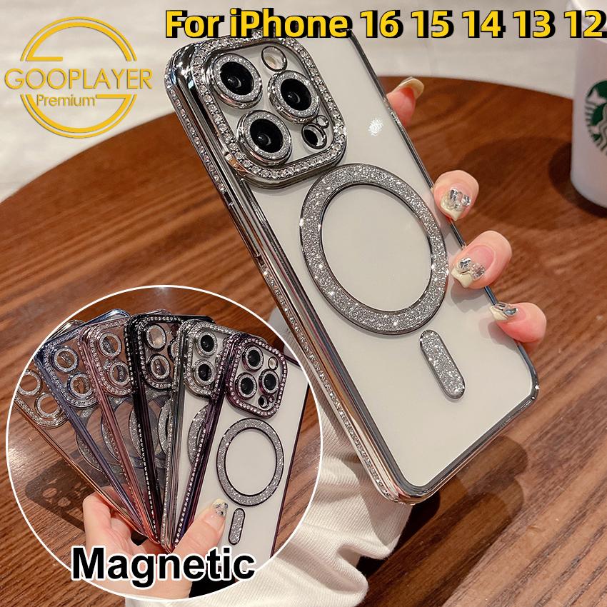 For iPhone 16 15 14 13 12 Pro Max Phone Case, Glitter Luxury Rhinestone Clear Magnetic Support Wireless Charging TPU Built-in Camera Protector for Magsafe Hard Full Cover