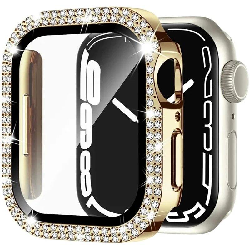 Glass+Diamond Cover For Apple watch case 40mm 44mm 41mm 45mm 38mm 42mm Bling Bumper Protector iWatch series 9 3 5 6 7 8 se case