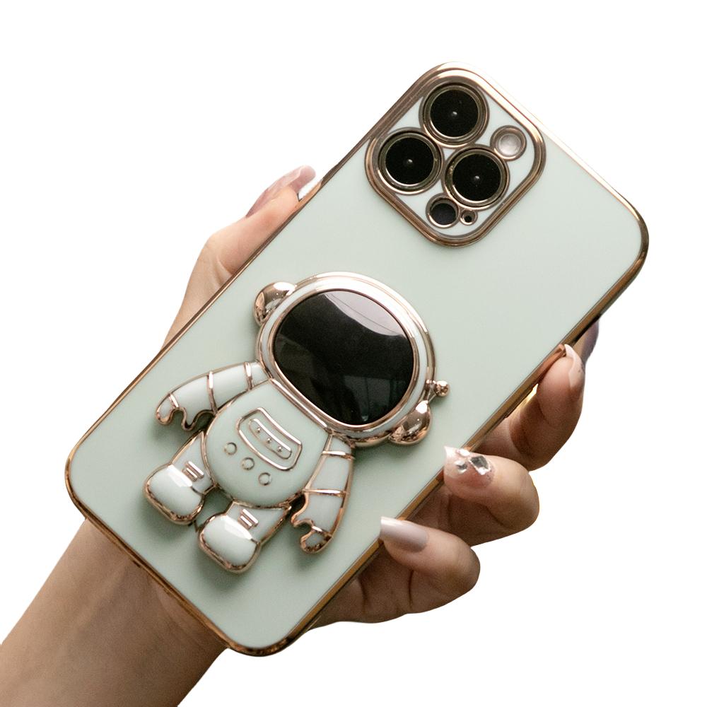 For iPhone 16 15 14 13 Pro Max Phone Case, Astronaut Kickstand, Plating Electroplate Luxury Elegant Case Camera Protector Pop Stand Shockproof Soft Cover