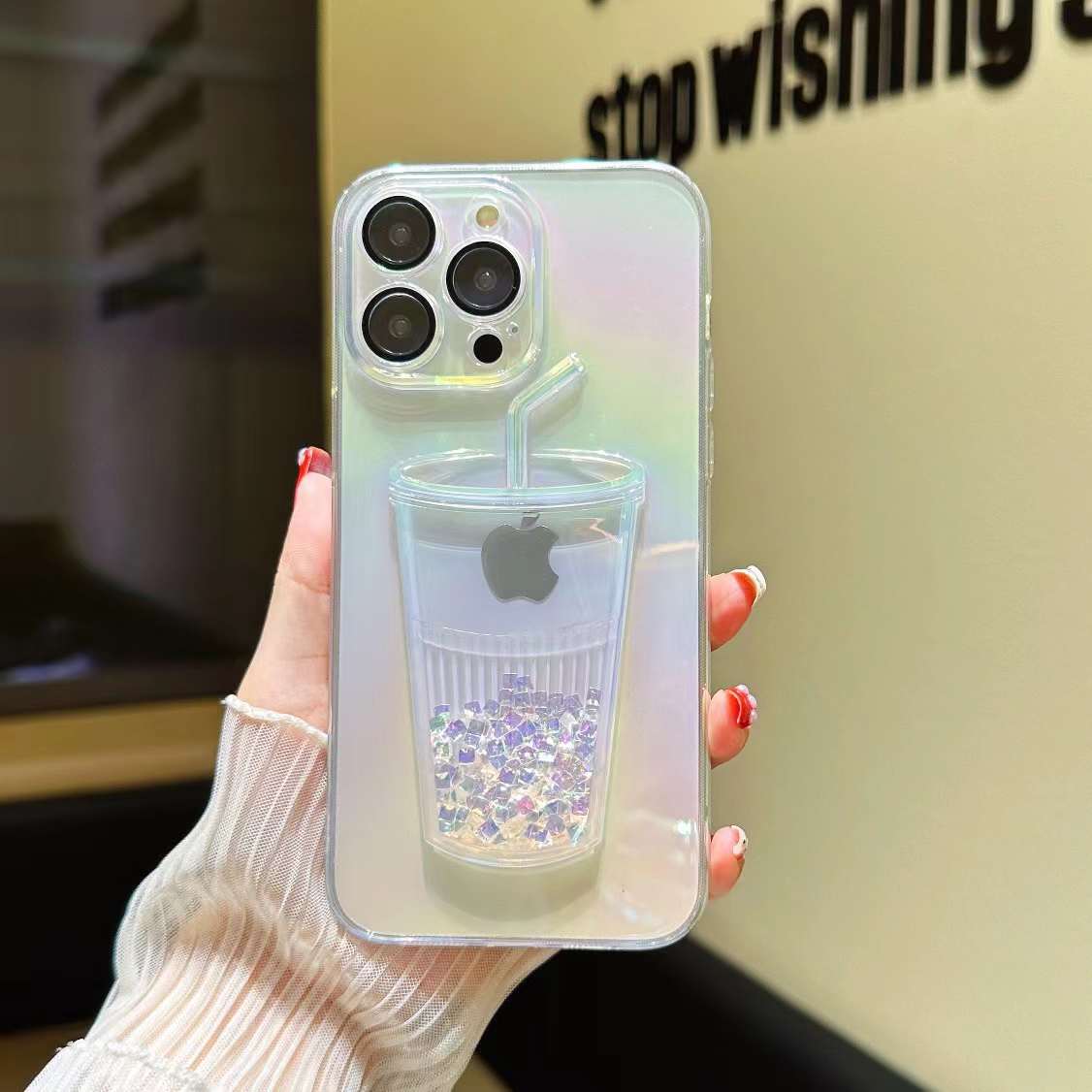 For iPhone 16 15 14 13 12 11 Pro Max Phone Case, Flowing Liquid Quicksand Cup Sparkling Bling Glitter Cup Style Fun Sparkle Transparent Soft TPU Full Cover