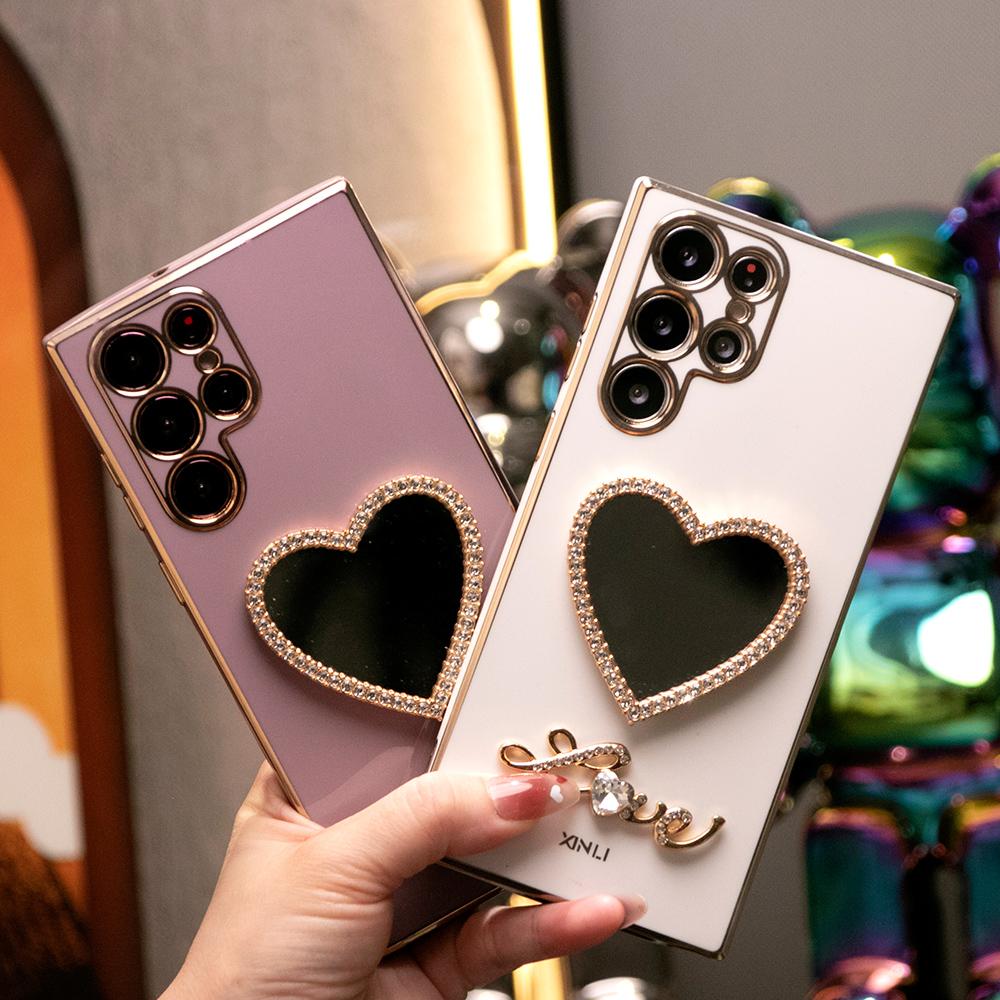 Love Heart Mirror Plating Phone Case for Samsung S24FE S24Ultra S24 S23 S22 S21 FE Plus Ultra Note 20