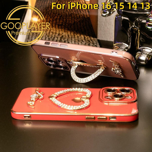 For iPhone 16 15 14 13 Pro Max Phone Case, Love Heart Kickstand TPU Rhinestone Luxury Elegant Plating Soft Shockproof Full Cover