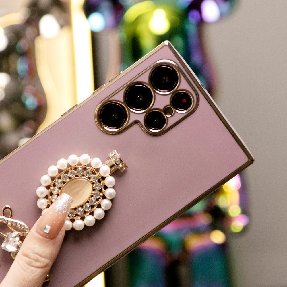 Round Stone Pearl Perfume Bottle Plus Pearl Chain Plating Phone Case For Samsung S24Ultra S24FE S24 S23 S22 S21 FE Plus Ultra Note 20