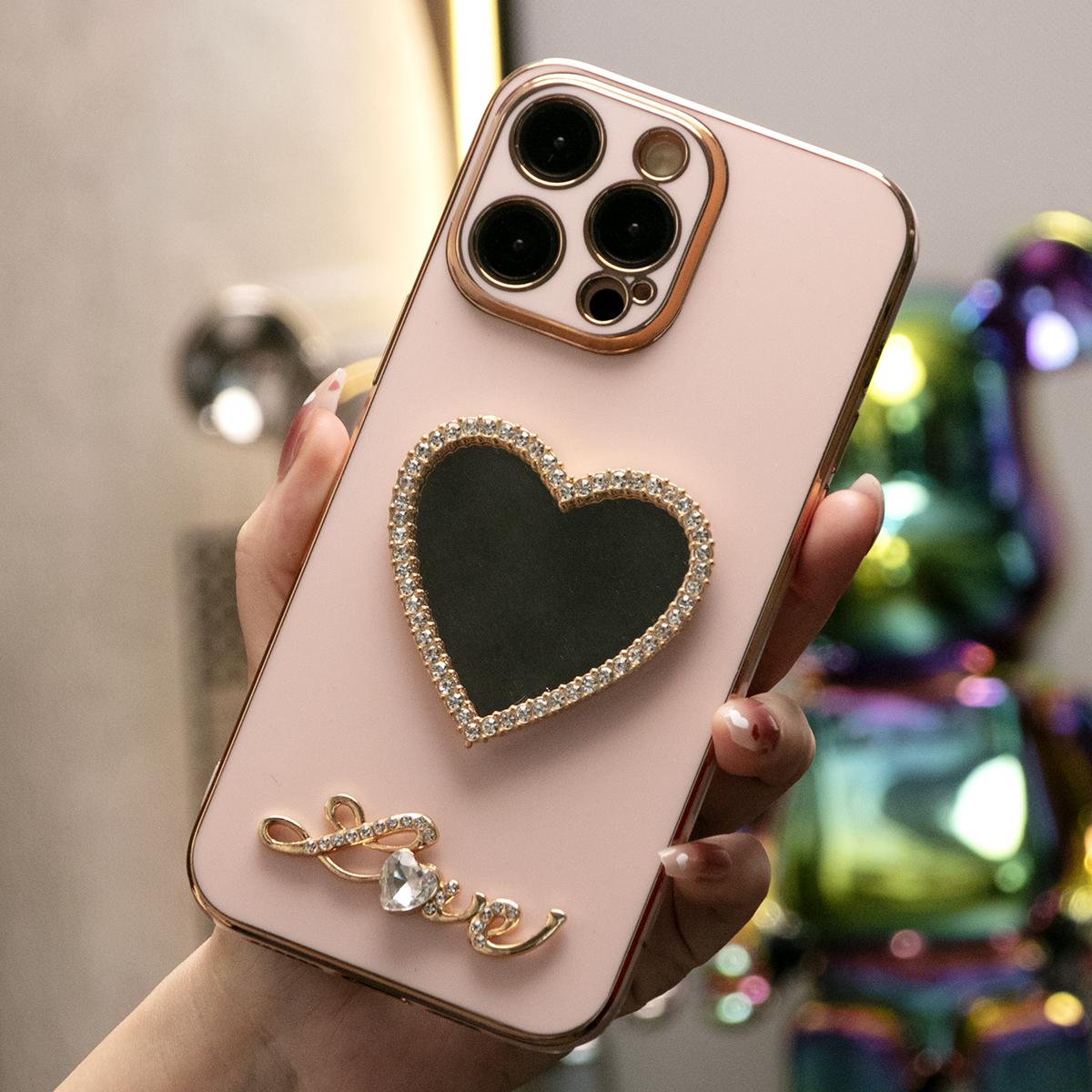 For iPhone 16 15 14 13 Pro Max Phone Case, Love Heart Mirror TPU Luxury Plating Slim Soft Full Cover