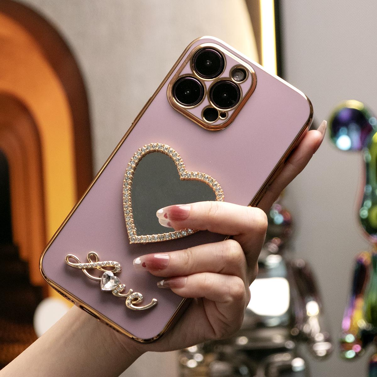 For iPhone 16 15 14 13 Pro Max Phone Case, Love Heart Mirror TPU Luxury Plating Slim Soft Full Cover