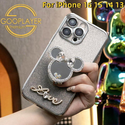 For iPhone 16 15 14 13 Pro Max Phone Case, Clear Gradient Glitter Mouse Head Mirror Kickstand TPU Luxury Plating Slim Soft Full Cover