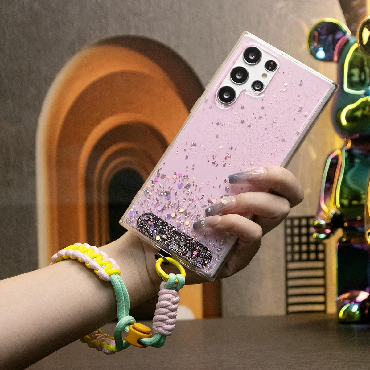 Glitter Star Sequin Basic Phone Case With Adjustable Wristband For Samsung Galaxy S24 S23 S22 S21 S20 FE Note 20 Ultra Clear Soft TPU Back Cover