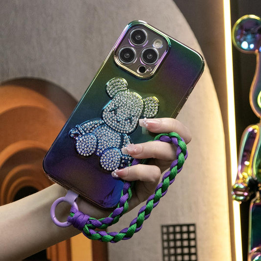 Luxury Rhinestone Bear Phone Case With Woven Wristband for iPhone 16 15 14 13 12 11 Plus Pro Max Fashion TPU Cover with Bling Stones