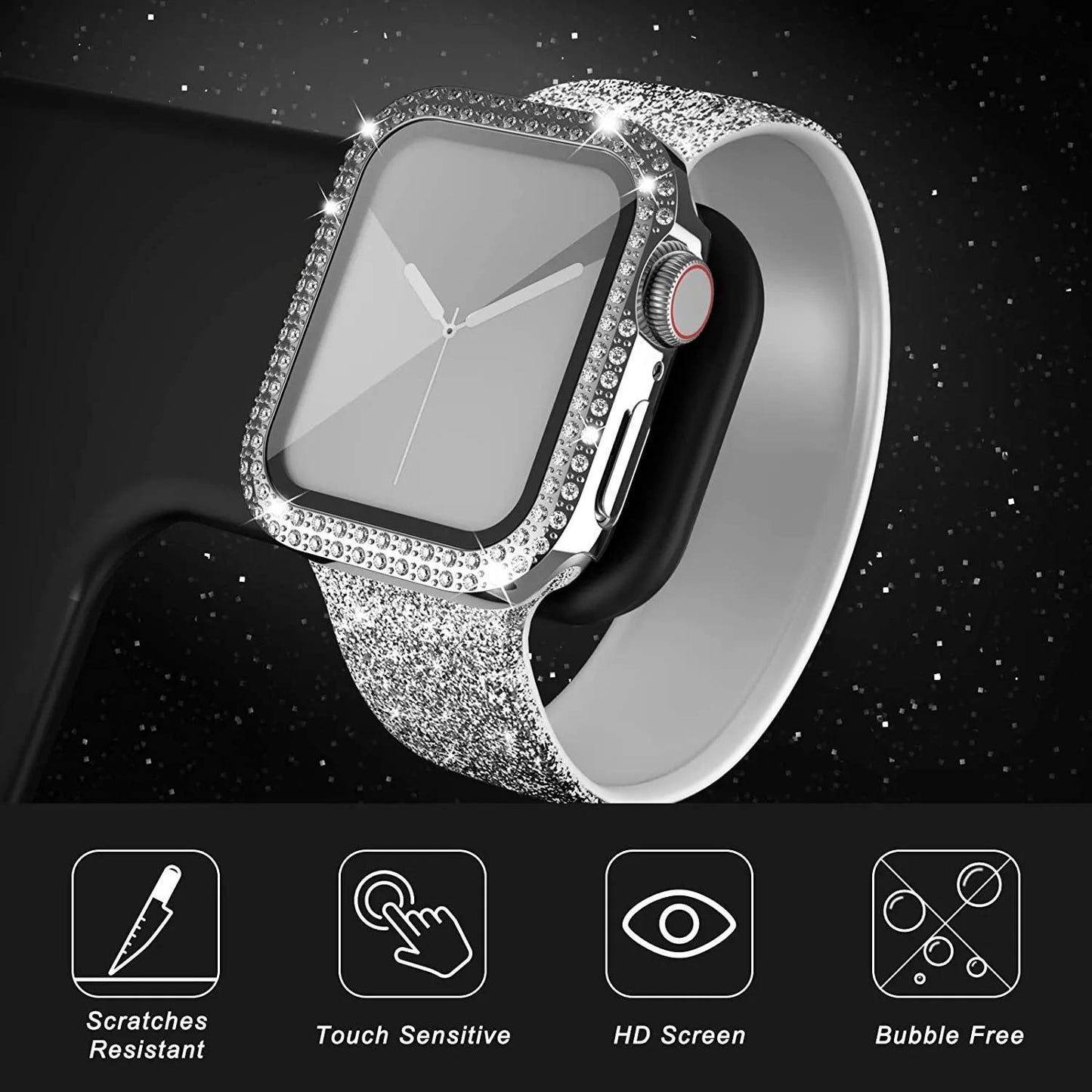 Glass+Diamond Cover For Apple watch case 40mm 44mm 41mm 45mm 38mm 42mm Bling Bumper Protector iWatch series 9 3 5 6 7 8 se case