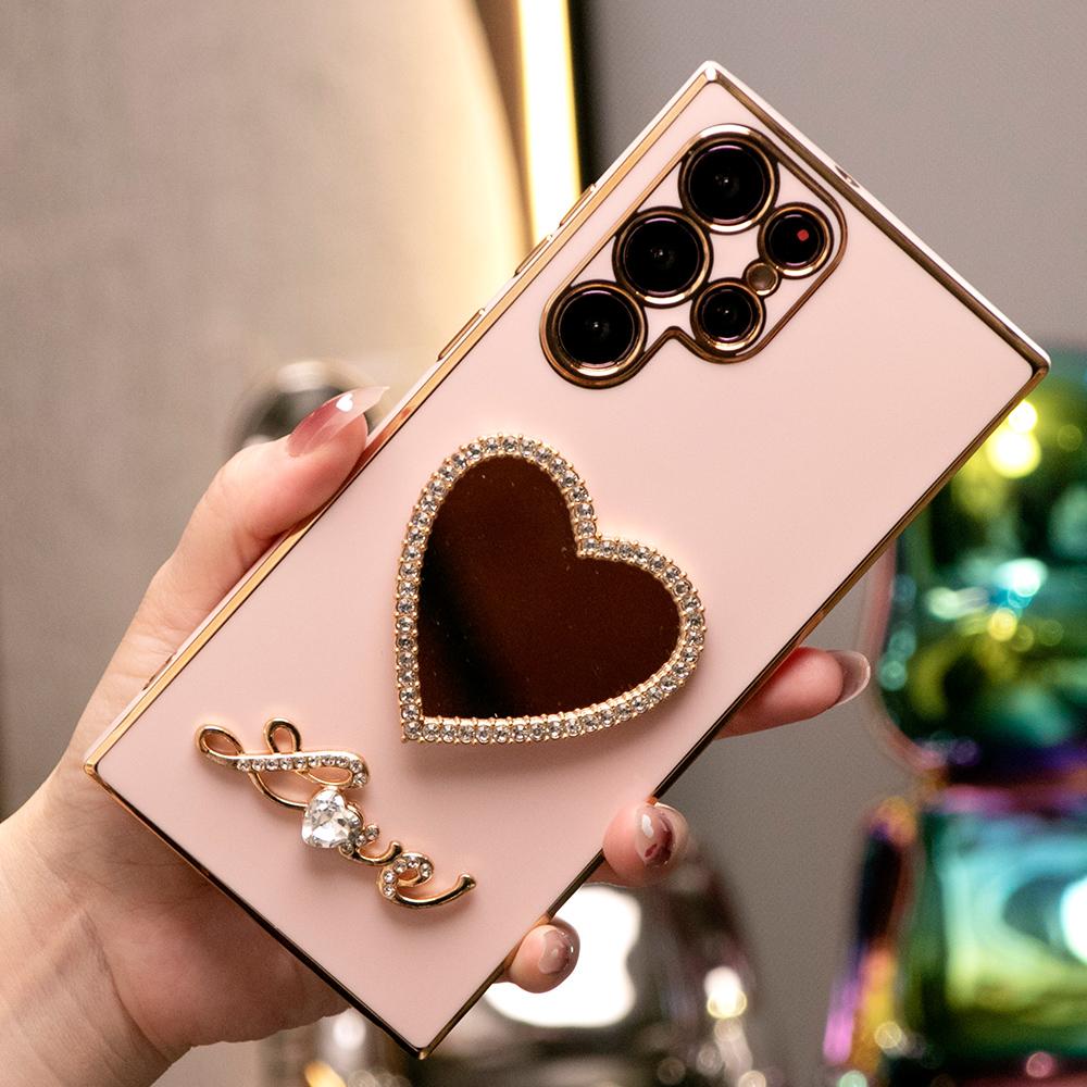 Love Heart Mirror Plating Phone Case for Samsung S24FE S24Ultra S24 S23 S22 S21 FE Plus Ultra Note 20