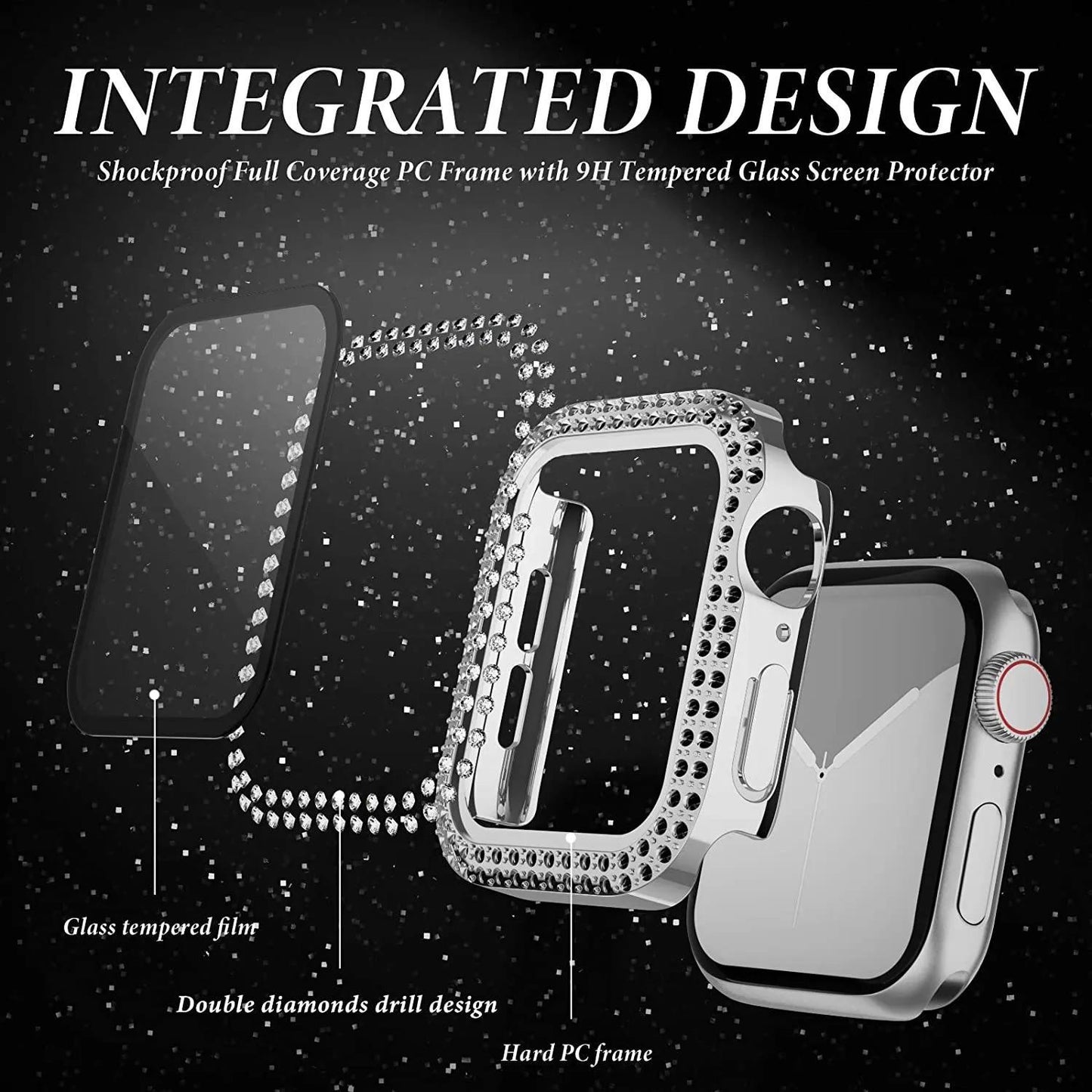 Glass+Diamond Cover For Apple watch case 40mm 44mm 41mm 45mm 38mm 42mm Bling Bumper Protector iWatch series 9 3 5 6 7 8 se case