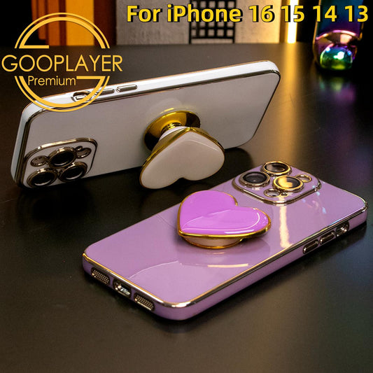 Plating Love Heart Kickstand Phone Case for iPhone 16 15 14 13 Pro Max