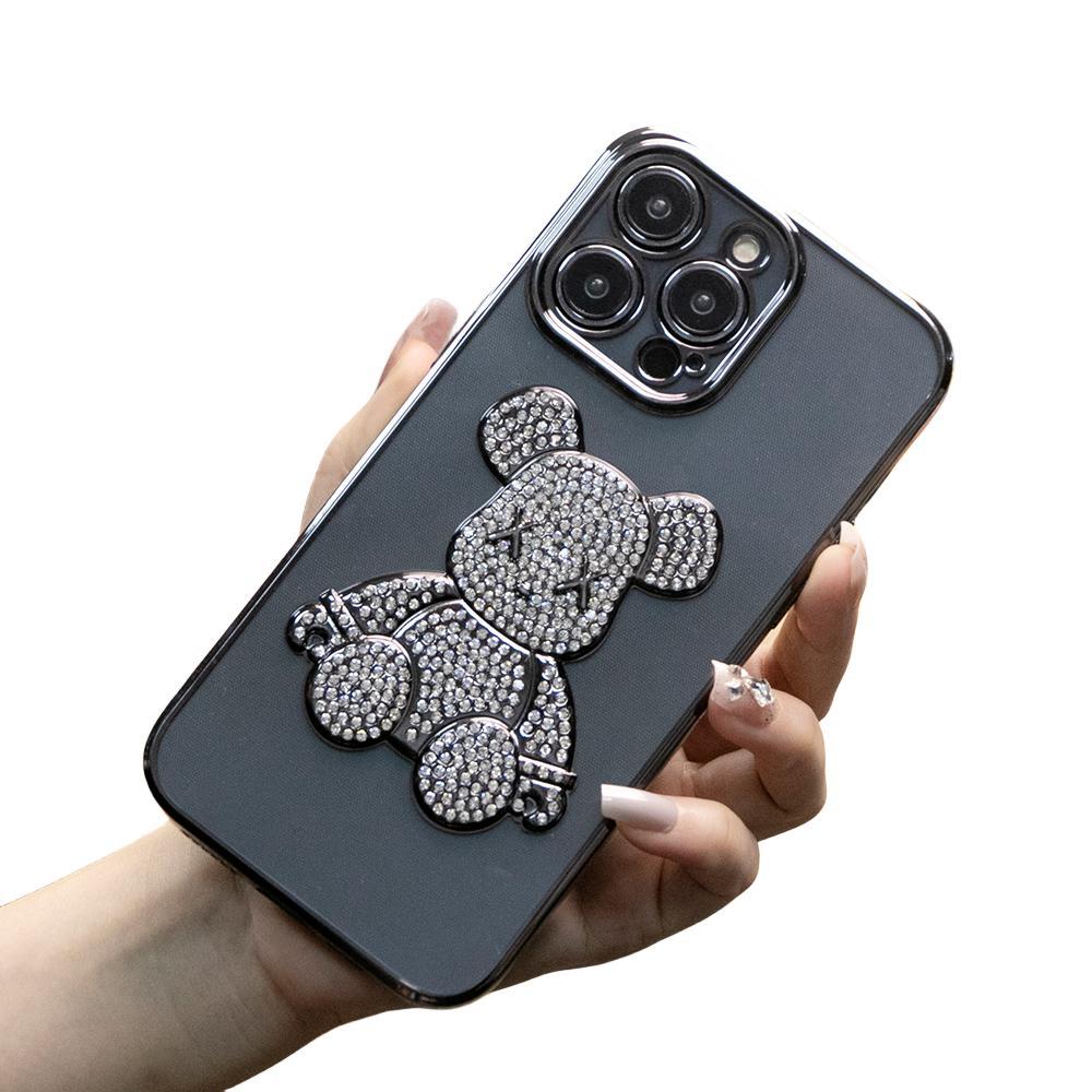 For iPhone 16 15 14 13 12 Pro Max Case, Rhinestone Bear, Glitter Clear Plating Electroplate Luxury Elegant Case Slim Fit Shockproof Soft Cover