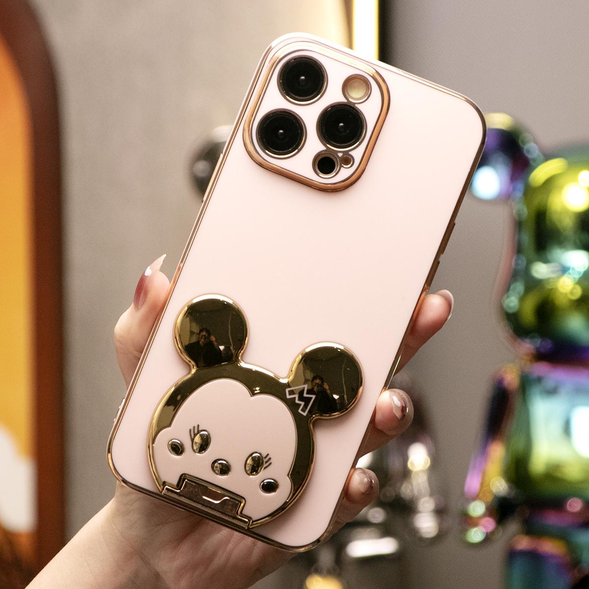 For iPhone 16 15 14 13 Pro Max Phone Case, Mouse Head Kickstand TPU Luxury Plating Slim Soft Full Cover