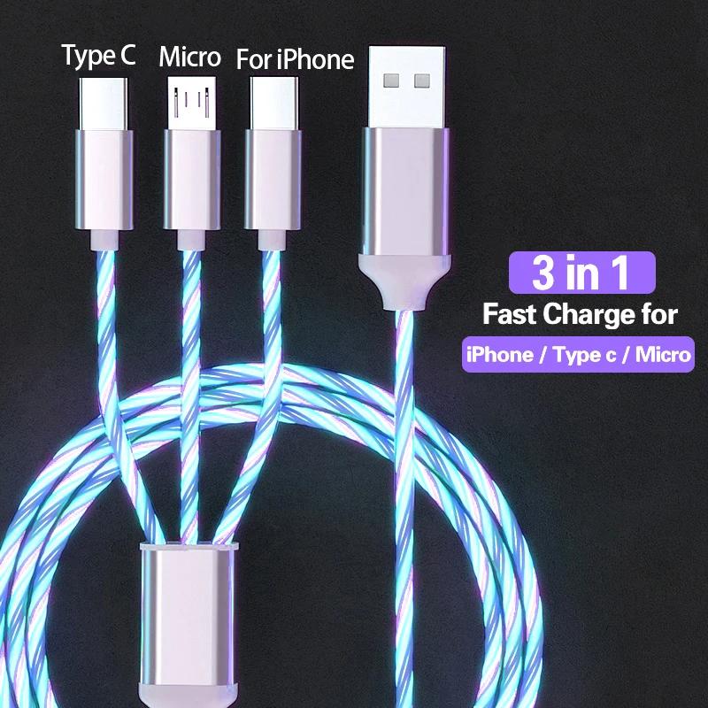 Glowing LED Light 3 in 1 3A Fast Charging Micro USB Type C Cable For Samsung Xiaomi Redmi Huawei Honor Phone Charger USB Cable