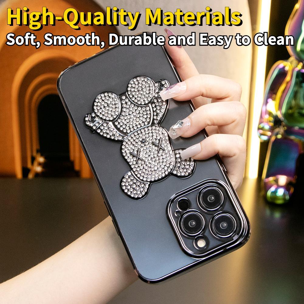 For iPhone 16 15 14 13 12 Pro Max Case, Rhinestone Bear, Glitter Clear Plating Electroplate Luxury Elegant Case Slim Fit Shockproof Soft Cover